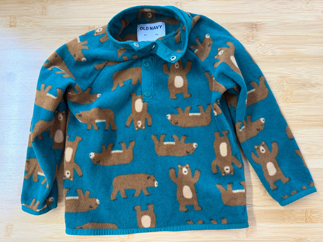 Old Navy Fleece Sweater – 4T | Quarter-Length Snap-Up Green Bear Print