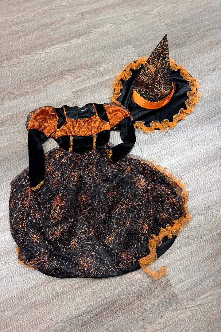 Witch Costume – 4 | Orange Spiderweb Hat and Broomstick | Hoop Skirt
