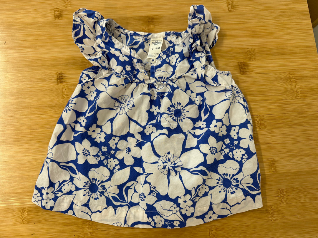 OshKosh Tank Top – 12M | Blue & White Tropical Floral 100% Cotton