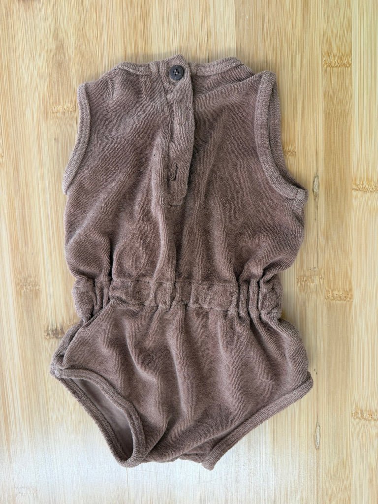 The Simple Folk Terry Bubble Romper – 6–9M | Brown Sleeveless Elastic Waist - Nest and Sprout-Consignment