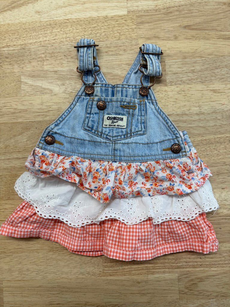 OshKosh Denim Jumper – 6M | Pink Gingham Layered Skirt - Nest and Sprout - Consignment