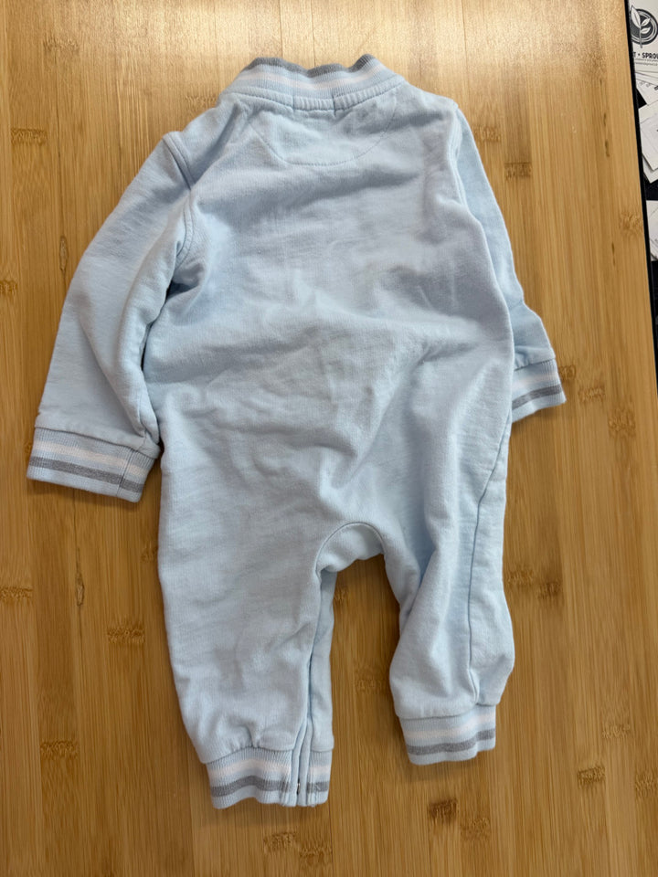 Minitini Long Sleeve Romper – 9M | Light Blue Sailboat Punched Detail Pockets Snap Bottom