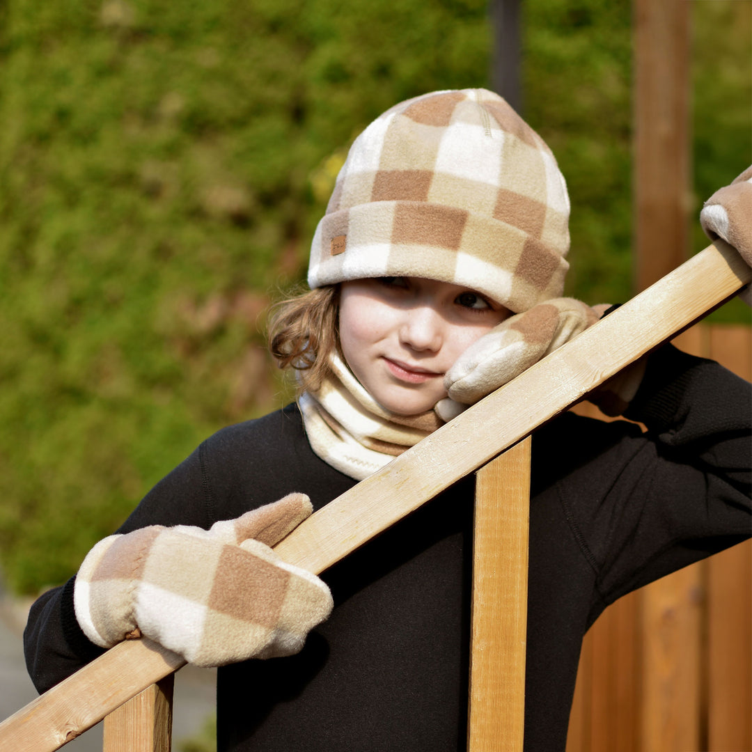 Jan & Jul Kids Fleece Mittens – Brown Plaid