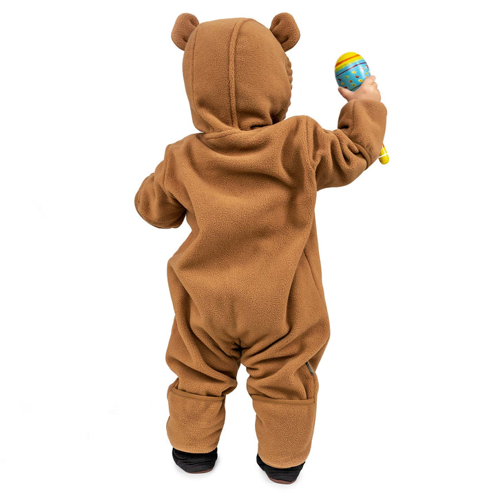 the back of a small childbearing a brown Jan & Jul Fleece Suit | Baby Outerwear