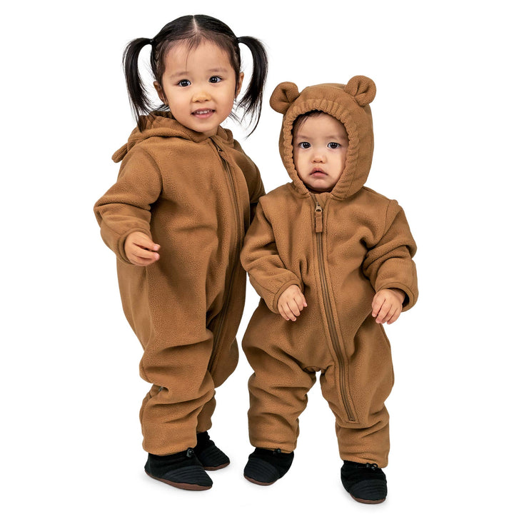 Two toddlers wearing brown teddy bear Jan & Jul Fleece Suit | Baby Outerwear