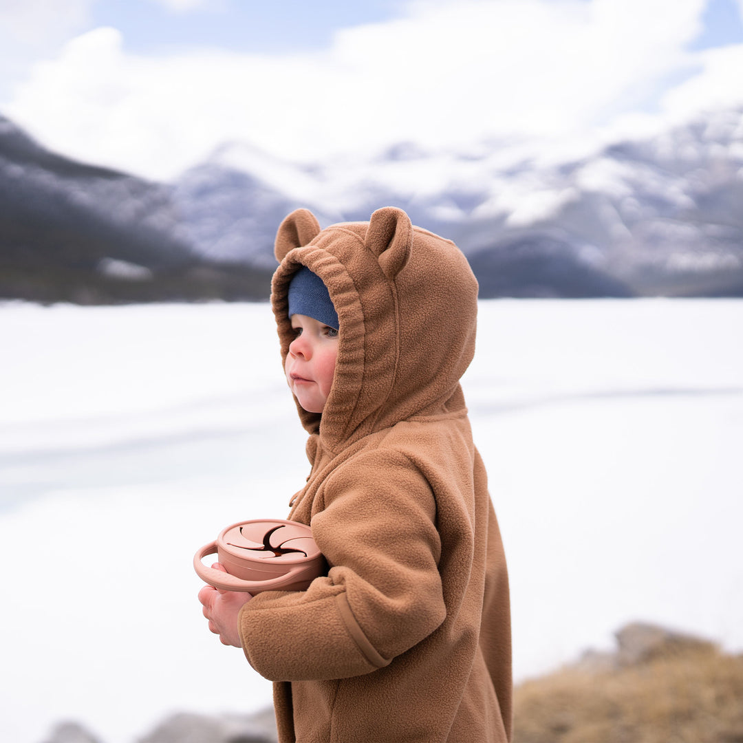 Teddybear brown version of the Jan & Jul Fleece Suit | Baby Outerwear in the Canadian mountains