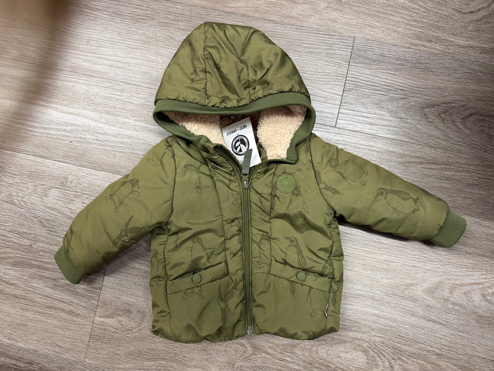 Noppies Puffer Jacket – 6/9 Months | Army Green | Penguin Fleece Lining