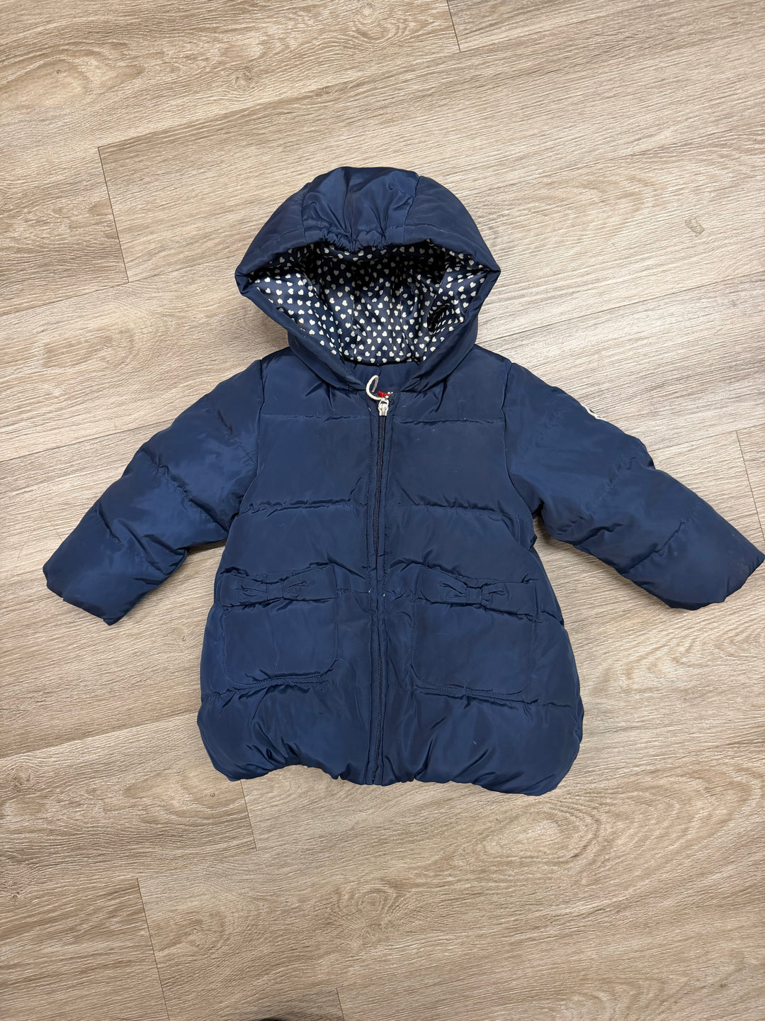 Allo & Lugh Quilted Puffer Jacket – 100 | Navy Heart Print