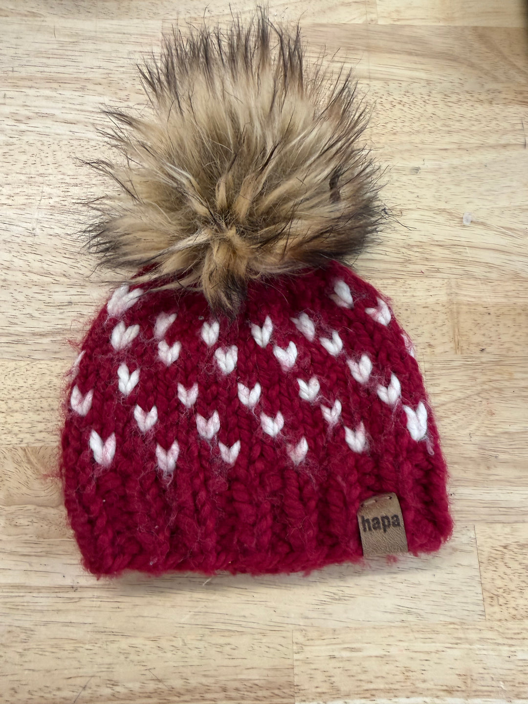 Hapa Knitted Pompom Hat – Toddler | Red | Hearts