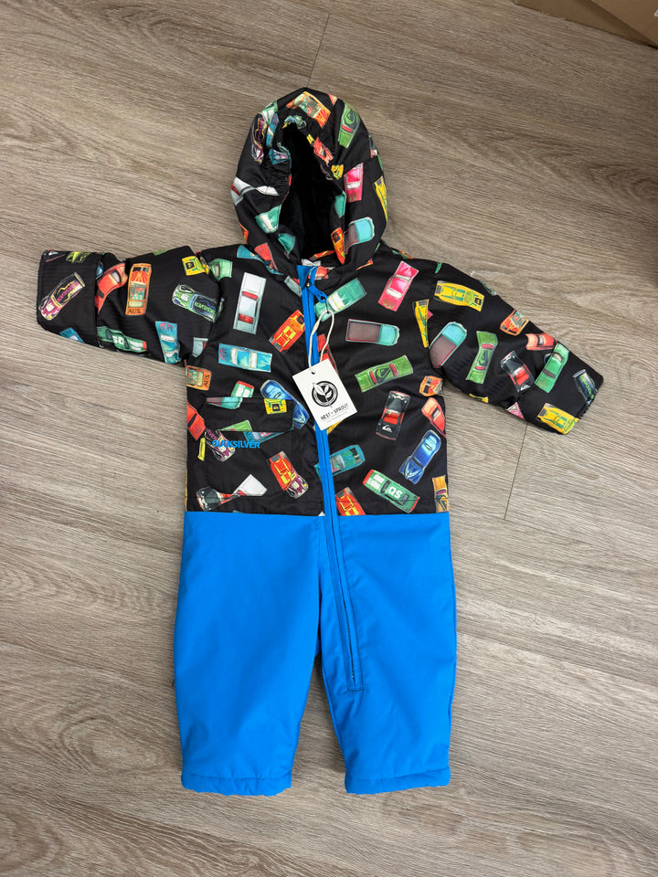Quiksilver Quicktech Snowsuit – 12 Months | Blue | Race Car Print | Fleece Lined