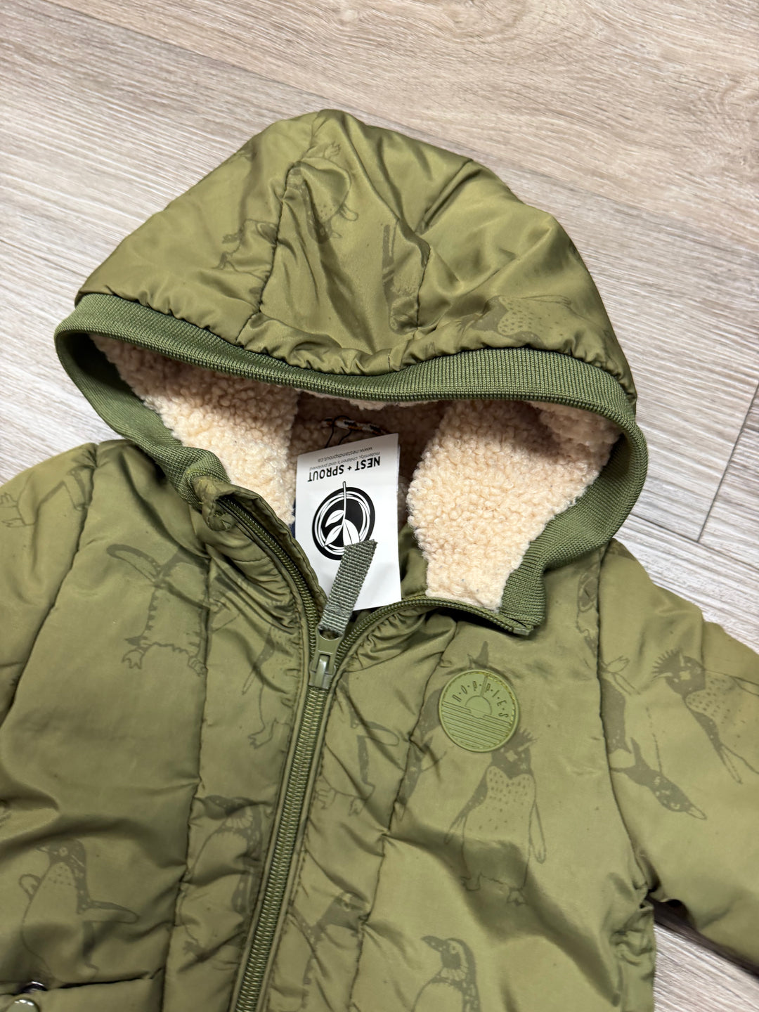 Noppies Puffer Jacket – 6/9 Months | Army Green | Penguin Fleece Lining