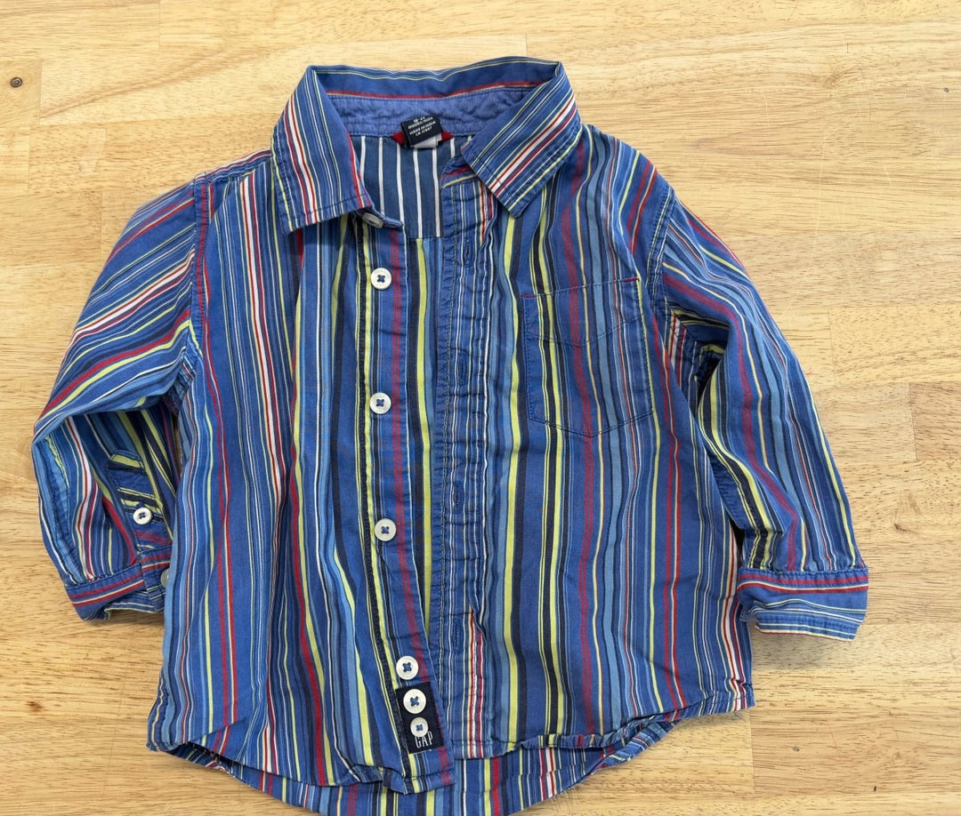 Gap Striped Button Up Shirt Blue Yellow | 18 - 24M - Nest and Sprout - Consignment