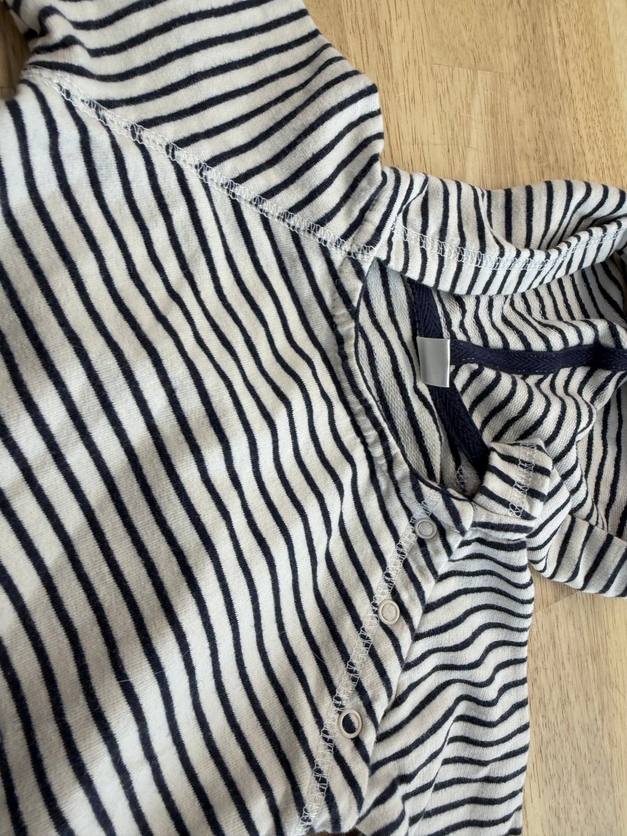 Petit Lem Hooded Shirt Cream Navy Stripe | 12M - Nest and Sprout - Consignment