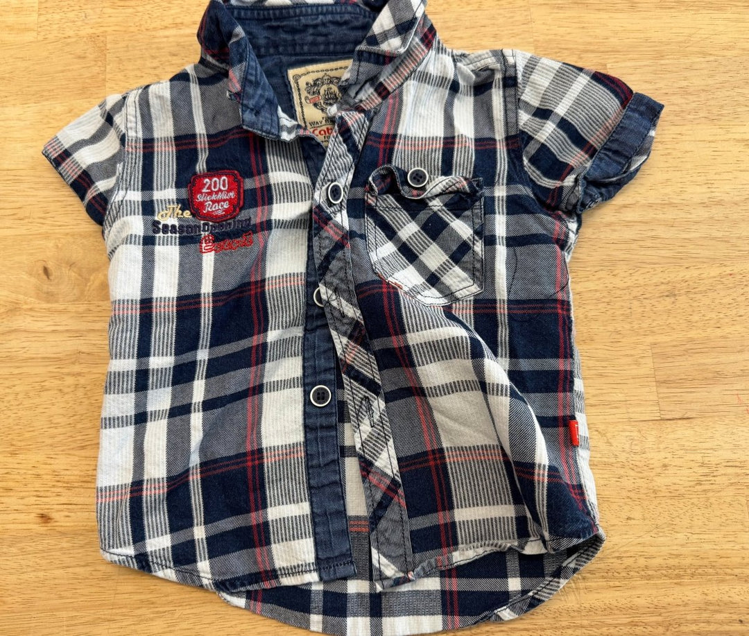 Catmint Plaid Short Sleeve Button Up Shirt Blue | Size 1 - Nest and Sprout - Consignment