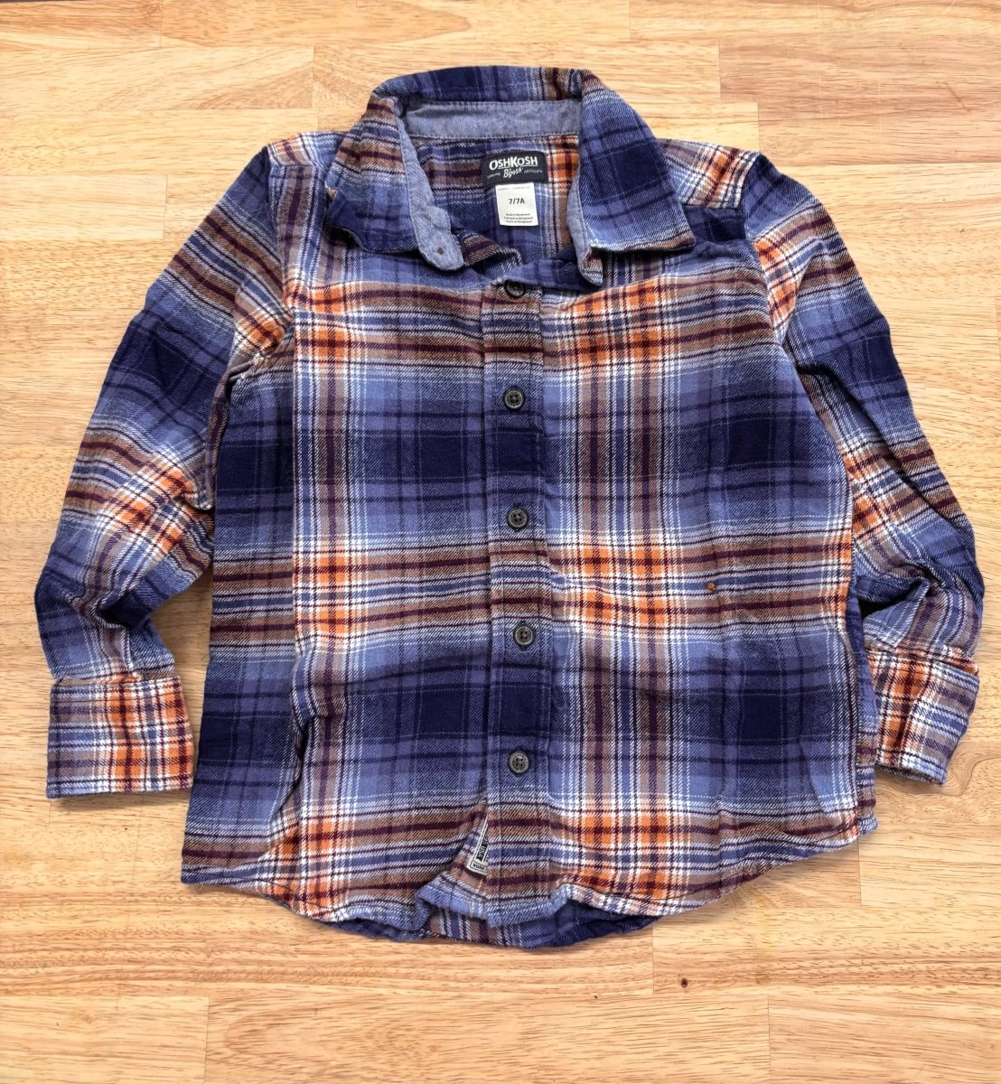 OshKosh Size 7 Flannel Shirt – Blue/Orange Plaid - Nest and Sprout - Consignment