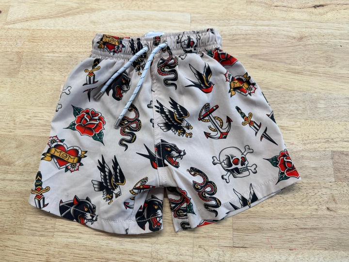 Shore Apparel Swim Shorts – 4–5Y | Tattoo Ink Print - Nest and Sprout - Consignment