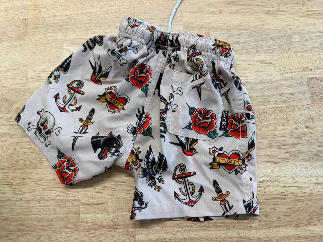 Shore Apparel Swim Shorts – 4–5Y | Tattoo Ink Print - Nest and Sprout - Consignment