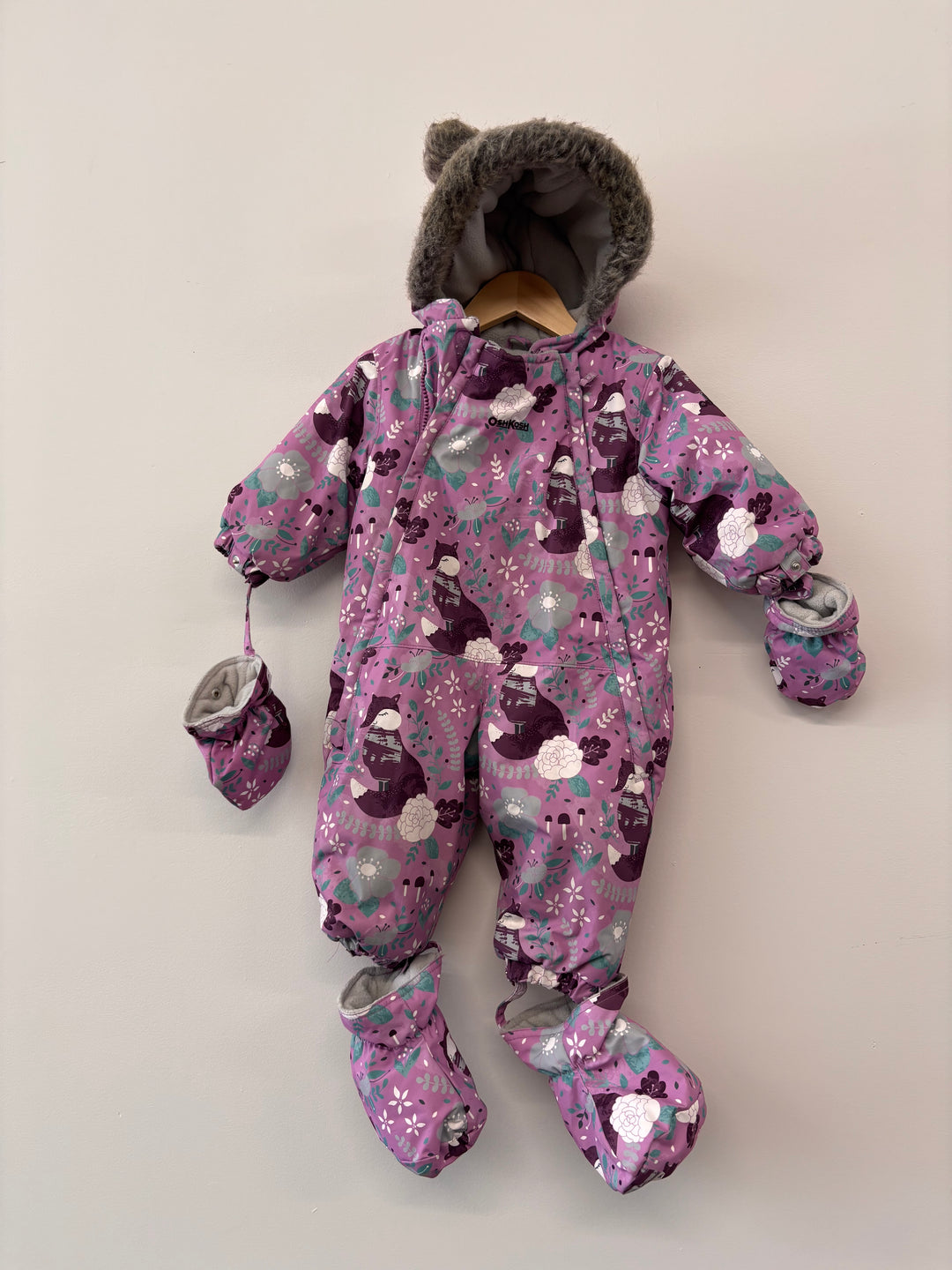OshKosh Snowsuit – Size 12M Purple Fox Print
