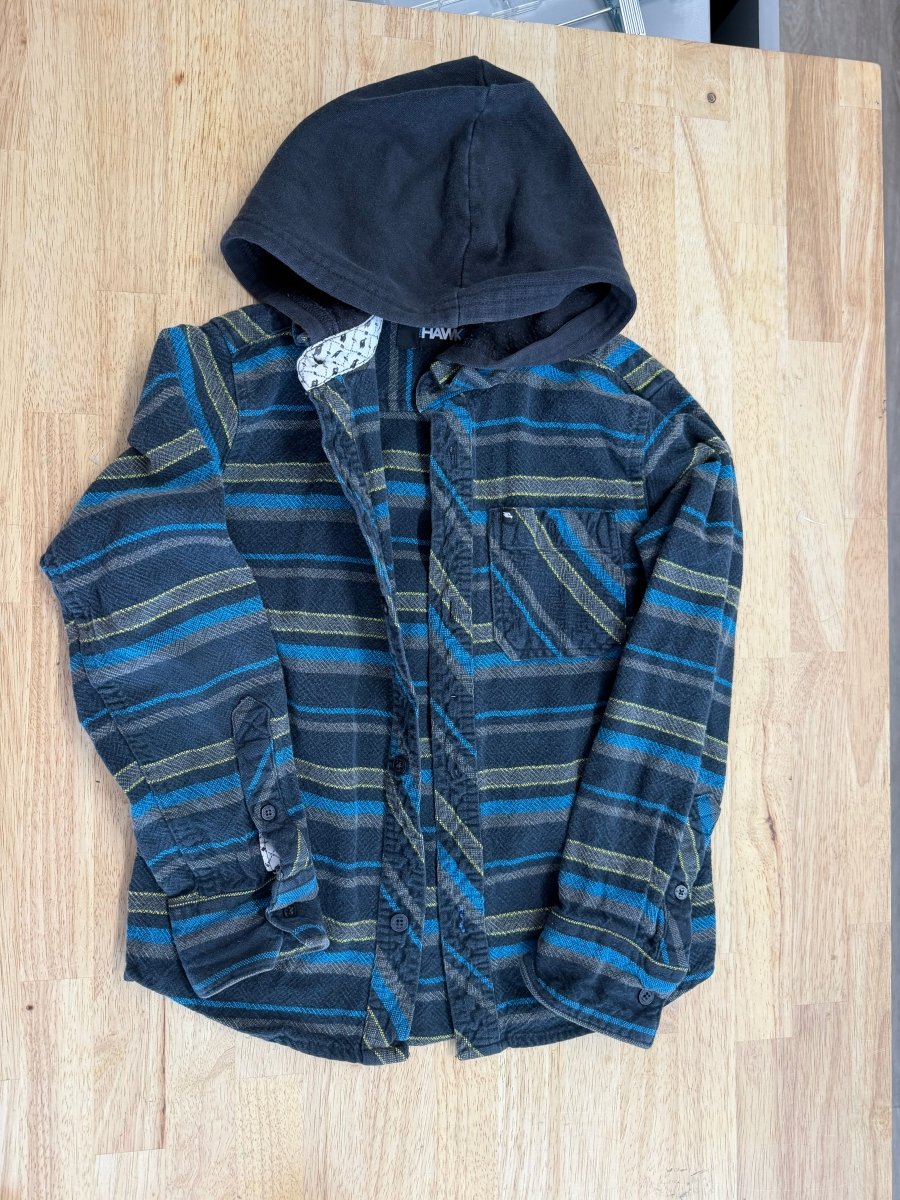 Hawk Hooded Shirt – S | Grey Blue Yellow Stripe Canvas - Nest and Sprout - Consignment