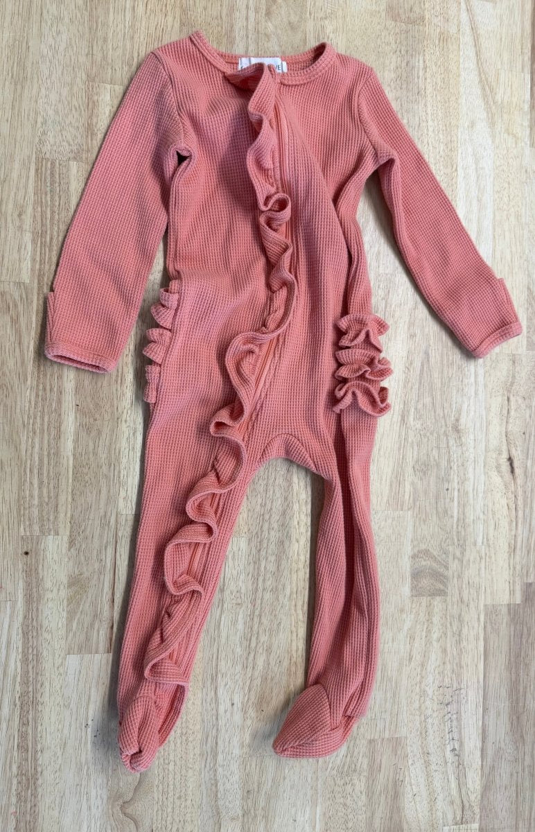 Tal + Love Footed Sleeper – One Size | Orange Waffle Knit with Ruffle Bum - Nest and Sprout - Consignment