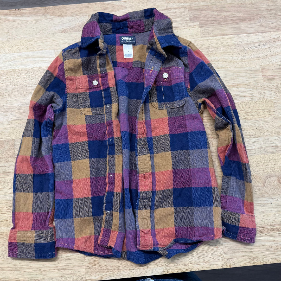 OshKosh Flannel Button-Up Shirt – Size 8 | Navy, Burgundy & Orange