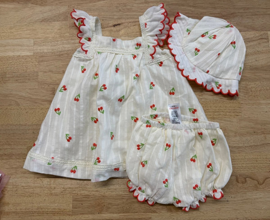 Happily Grey Kids Dress, Hat & Diaper Cover Set – 6–9M | Cream Cherry Print - Nest and Sprout - Consignment