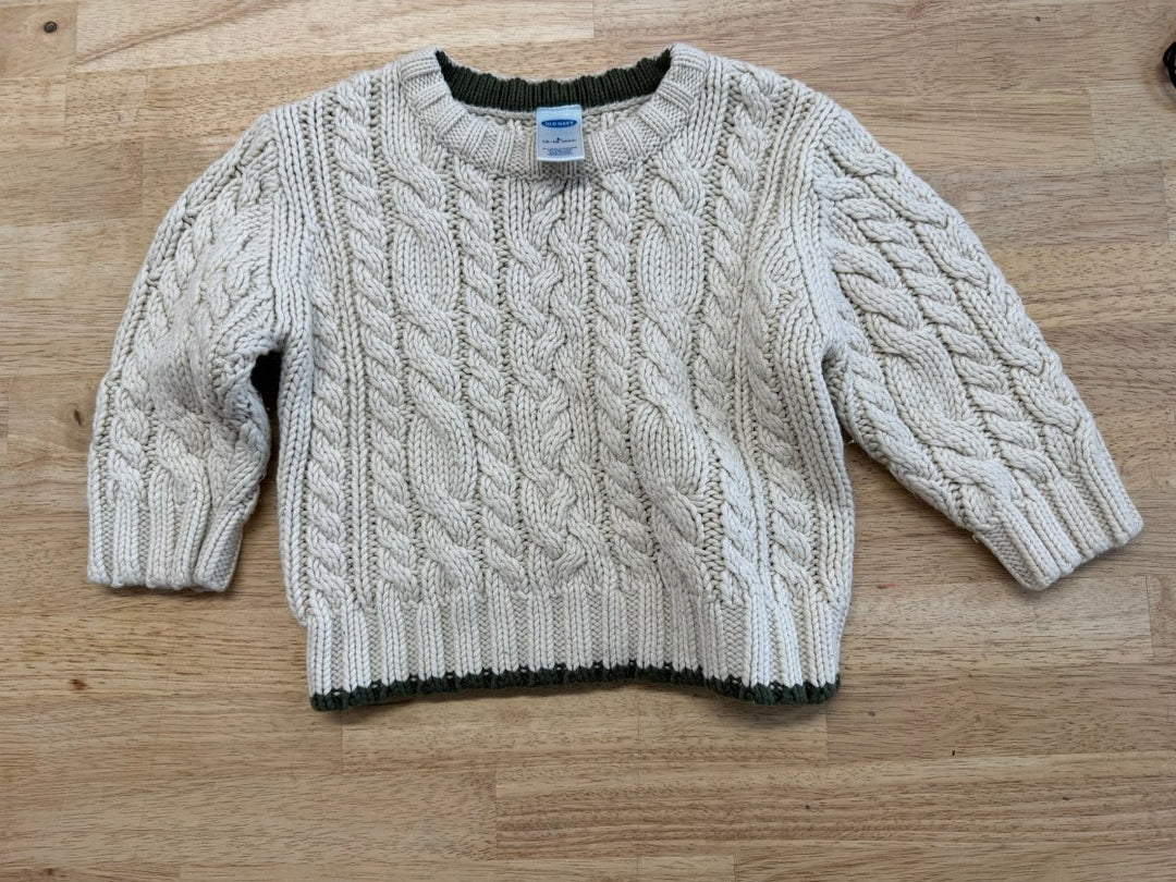 Old Navy Chunky Knit Sweater – 12–18M | Cream with Green Edging - Nest and Sprout - Consignment