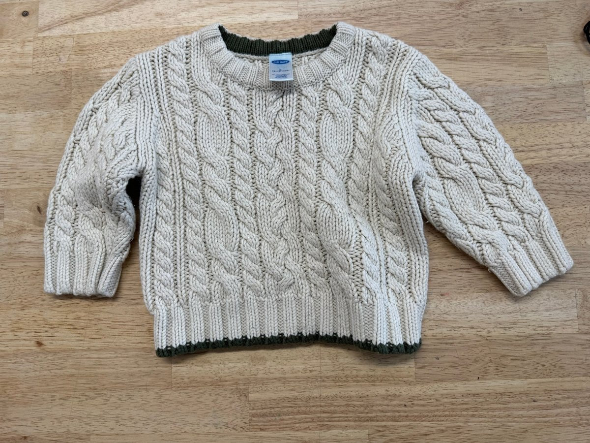 Old Navy Chunky Knit Sweater – 12–18M | Cream with Green Edging - Nest and Sprout - Consignment