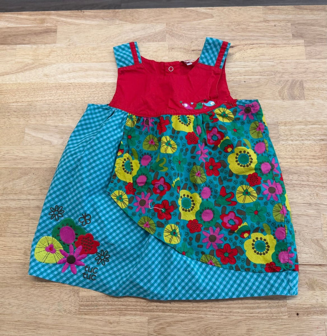 Tuc Tuc Floral Dress – Size 6 (116cm) | Turquoise with Gingham - Nest and Sprout - Consignment