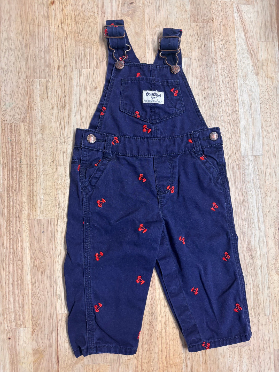 OshKosh Denim Overalls with Cherry Embroidery – Size 9M
