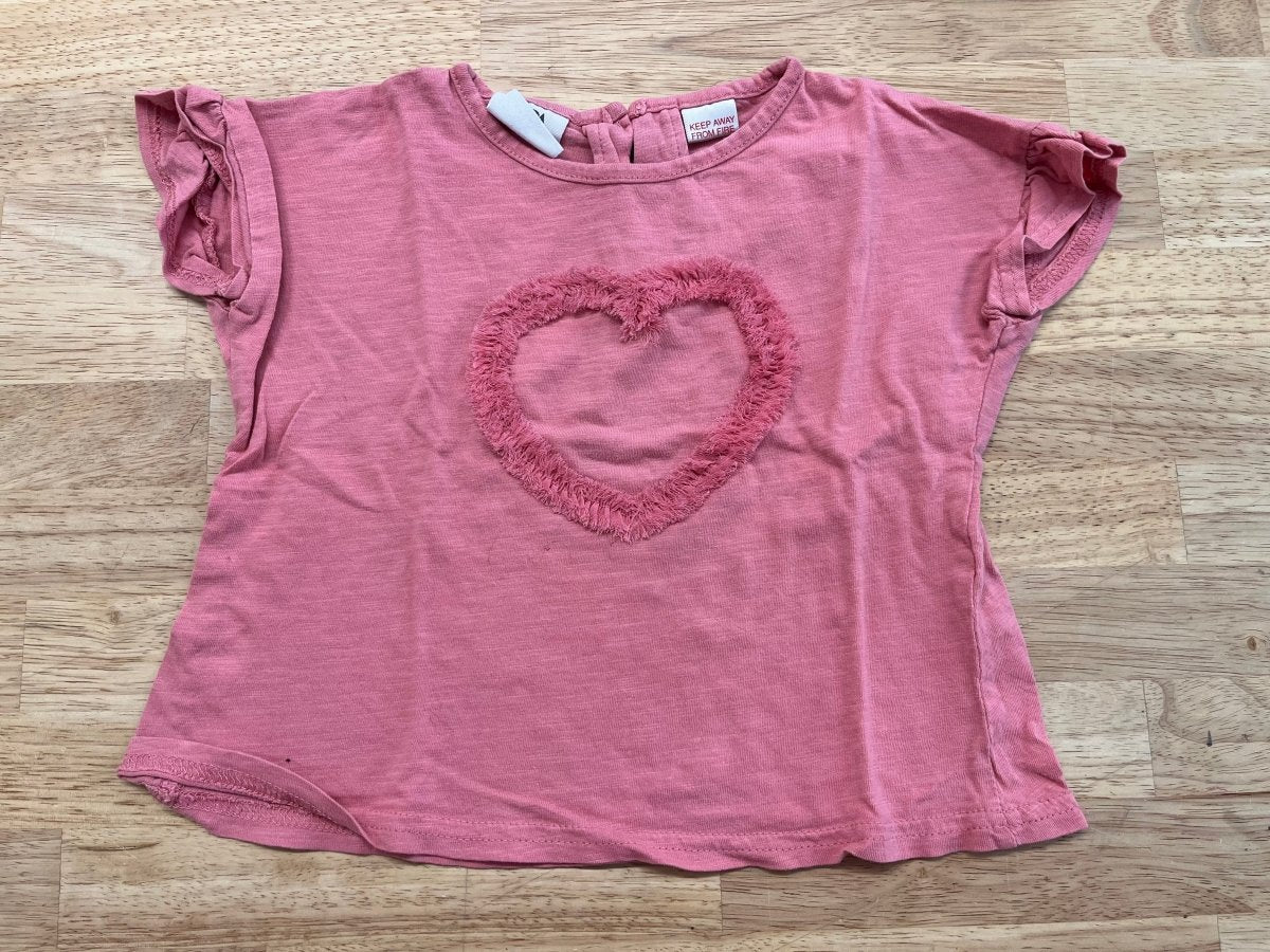 Zara 18 - 24M Boxy Fit Pink Shirt with Fringe Heart - Nest and Sprout - Consignment