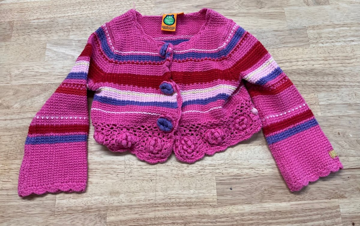 Gagou Tagou 24M Knit Cardigan – Red & Pink Stripes - Nest and Sprout - Consignment