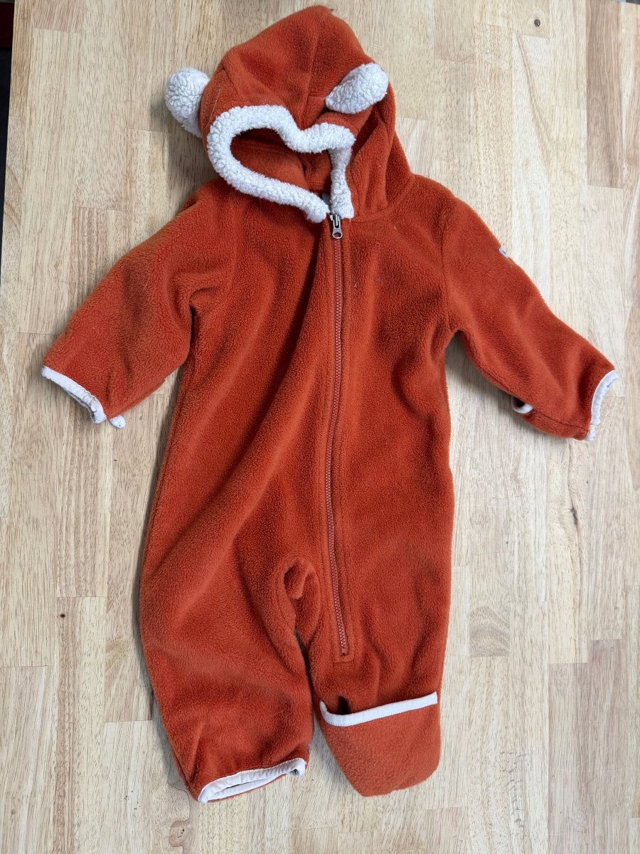 Columbia Fleece bunting suit – 3–6M | Orange with Faux Fur - Nest and Sprout - Consignment
