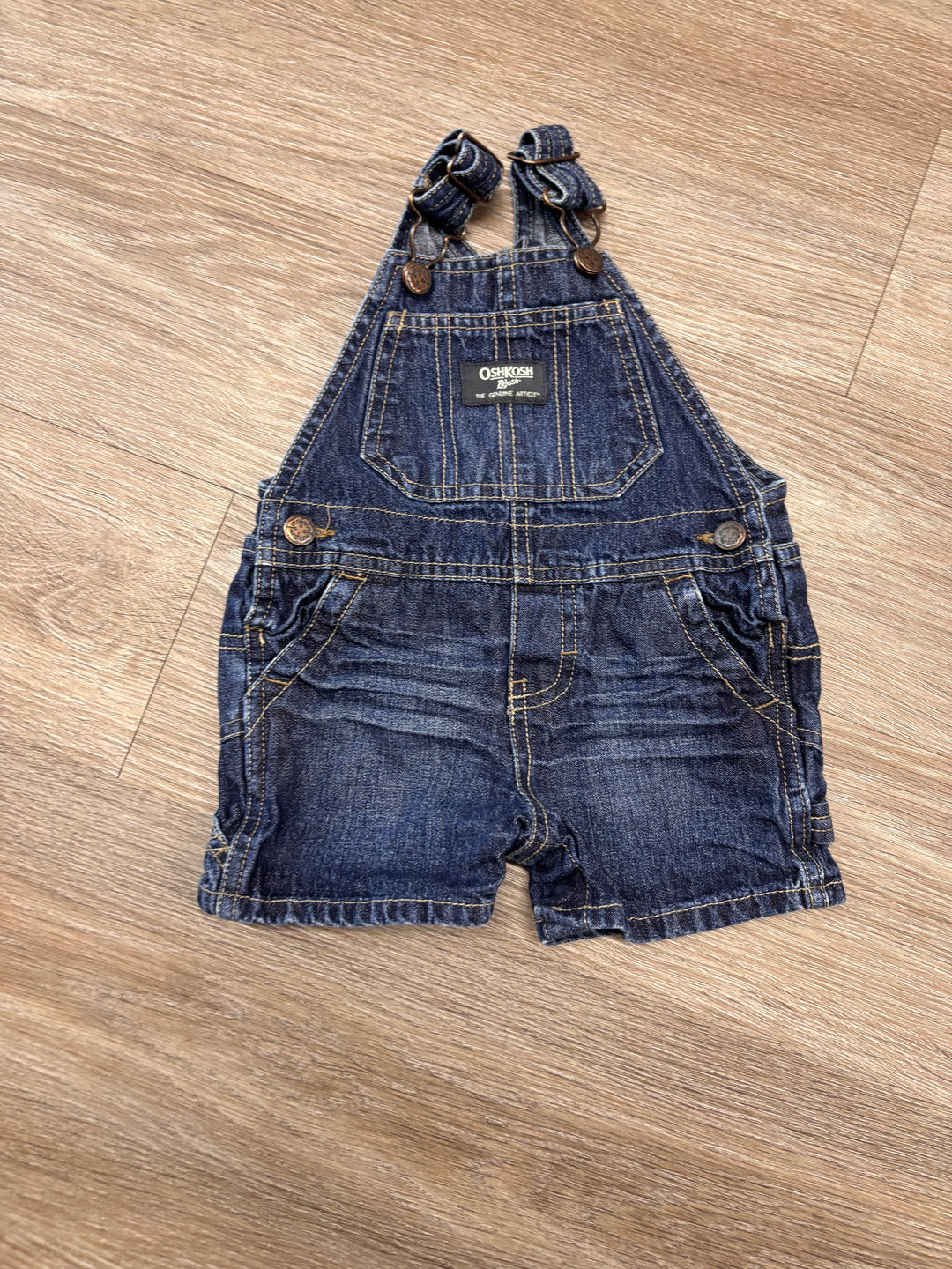 OshKosh Denim Short Overalls – Dark Wash, 9 Months