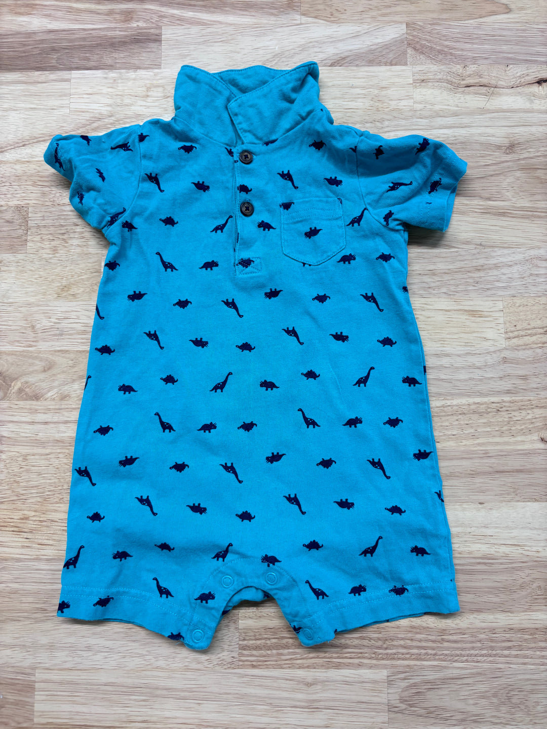 Carter's Polo Romper, 12 Months (Teal with Dinosaurs)