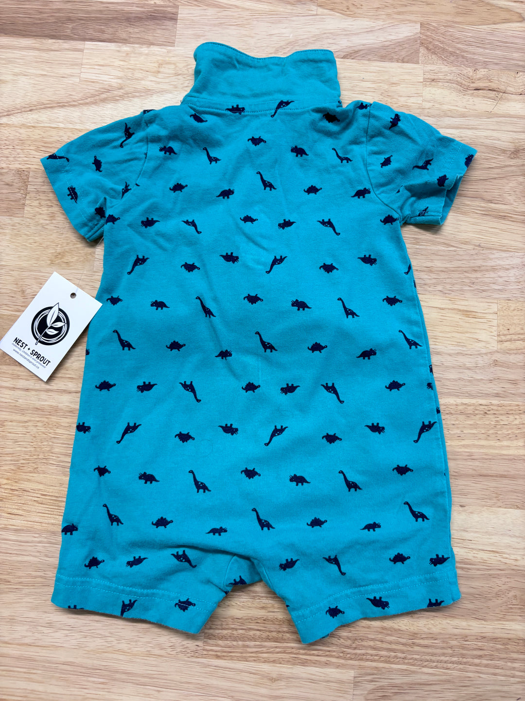 Carter's Polo Romper, 12 Months (Teal with Dinosaurs)