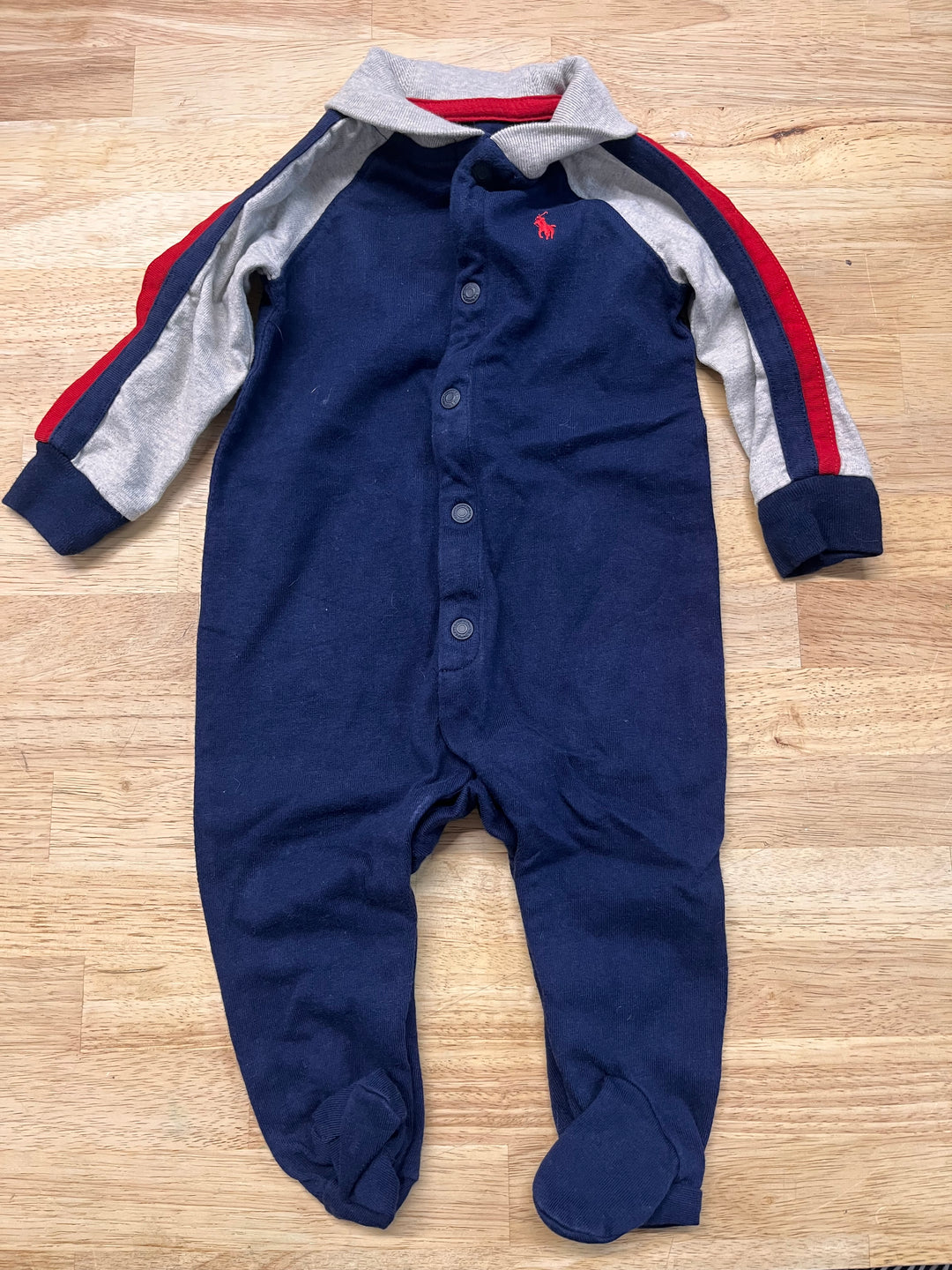 Ralph Lauren Footed Romper – Blue/Grey 6M