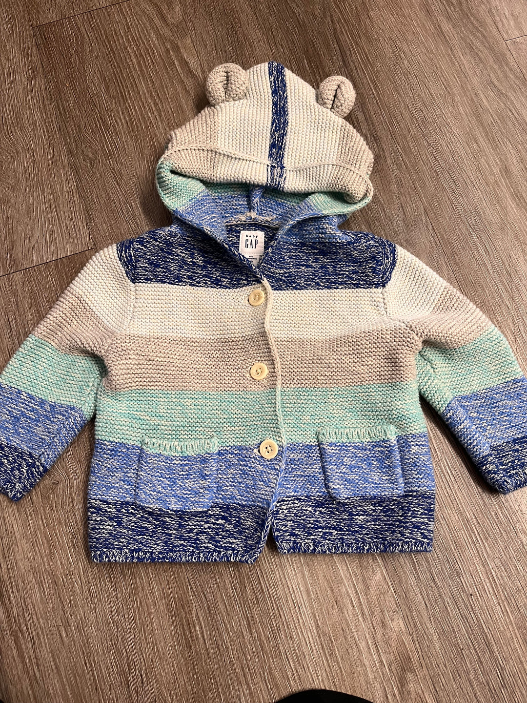 Baby Gap Hooded Knit Sweater – 6-12 Months | Blue Stripe | Button Up