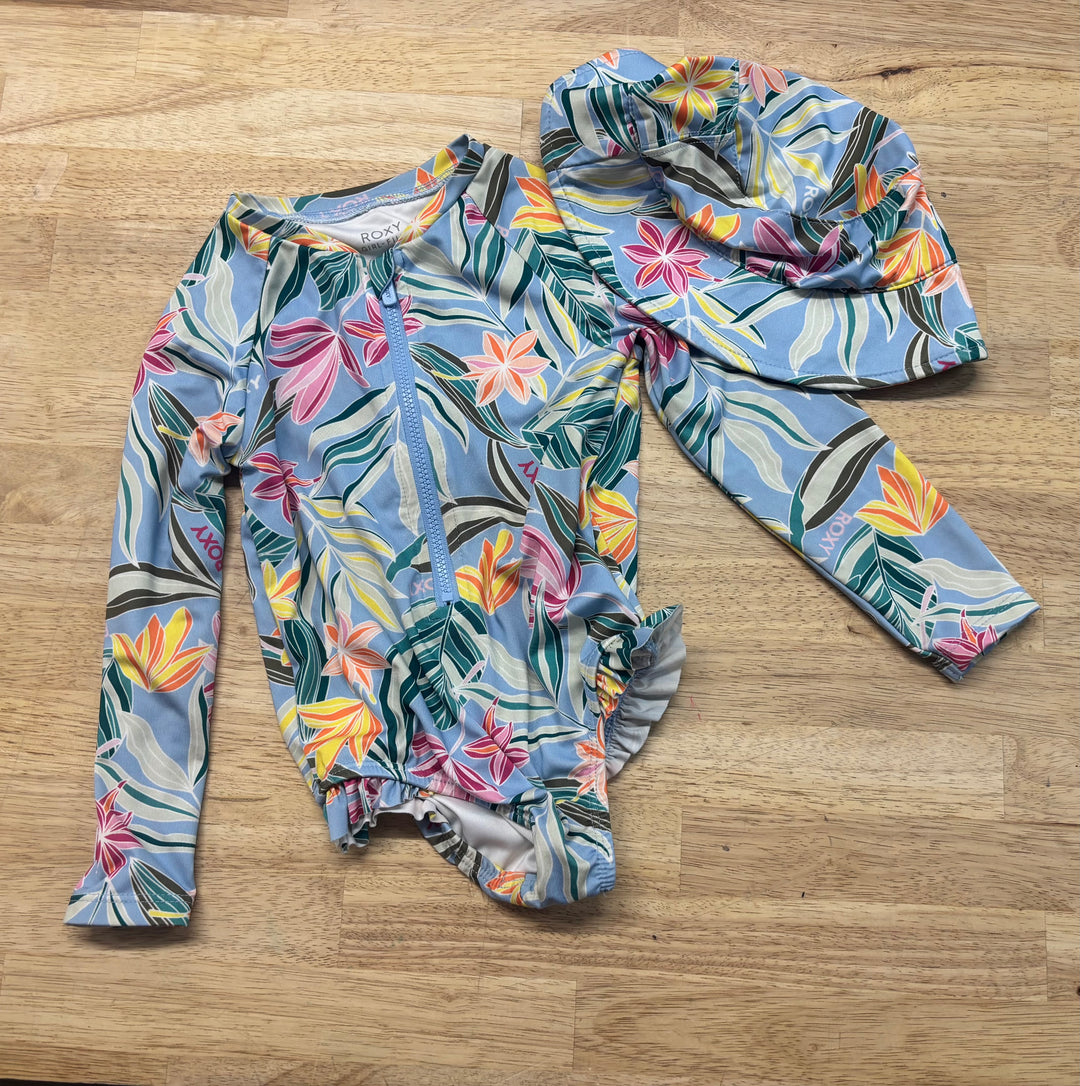 Roxy Long Sleeve Swimsuit & Sun Hat – Light Blue | 24M