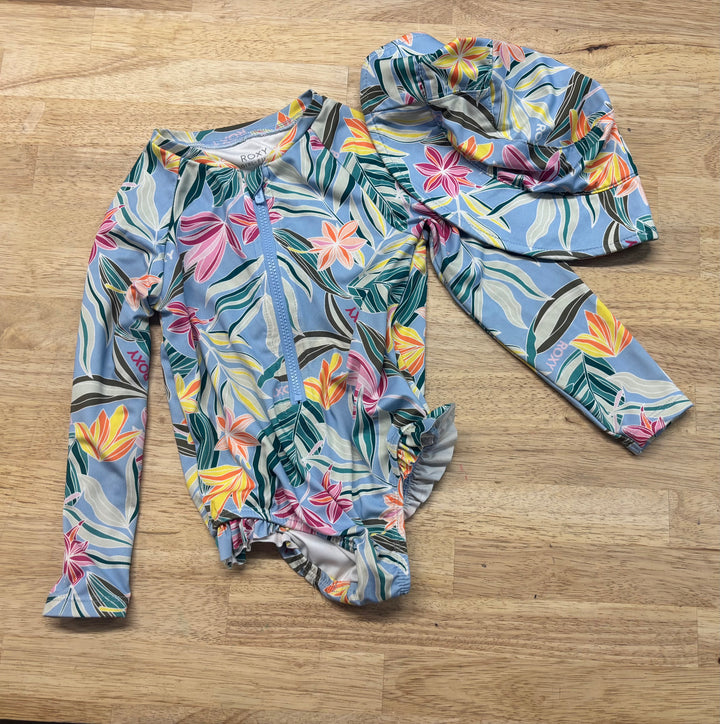 Roxy Long Sleeve Swimsuit & Sun Hat – Light Blue | 24M
