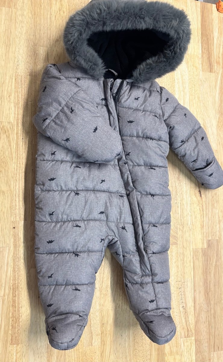 George Dinosaur Footed Snowsuit – Grey | 3–6M - Nest and Sprout - Consignment