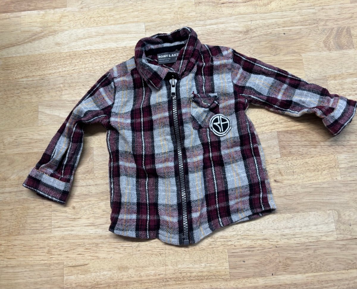 Romy & Aksel Flannel Zip Jacket – Burgundy Plaid | 6M - Nest and Sprout - Consignment