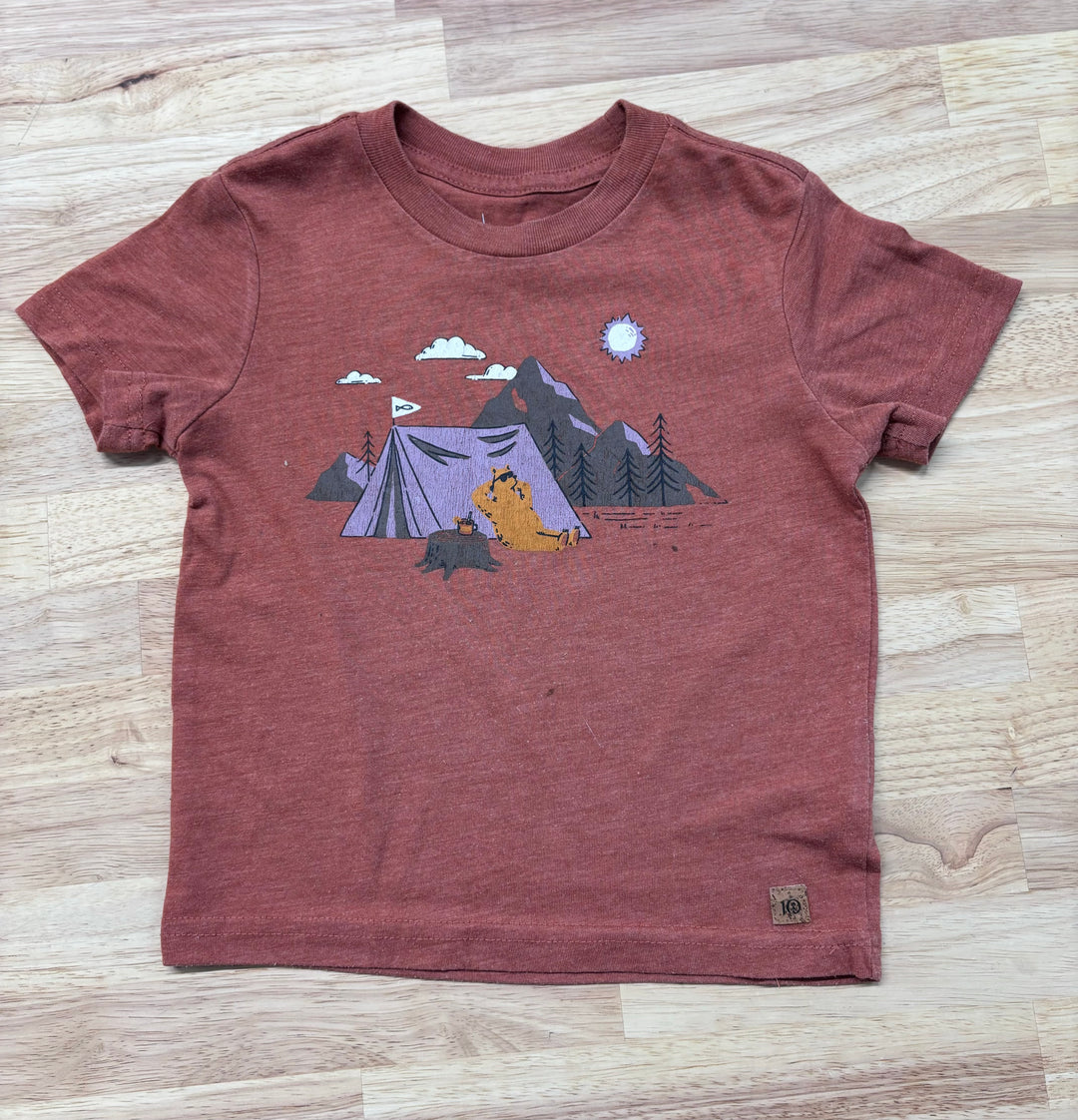 Tentree Shirt, 18-24 Months, Orange with Bear Camping Print