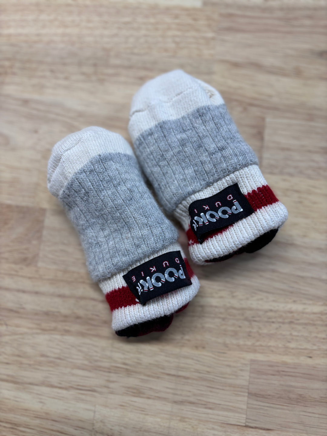 Pookie Baby Mittens, Grey, White, and Red, Fleece Lined