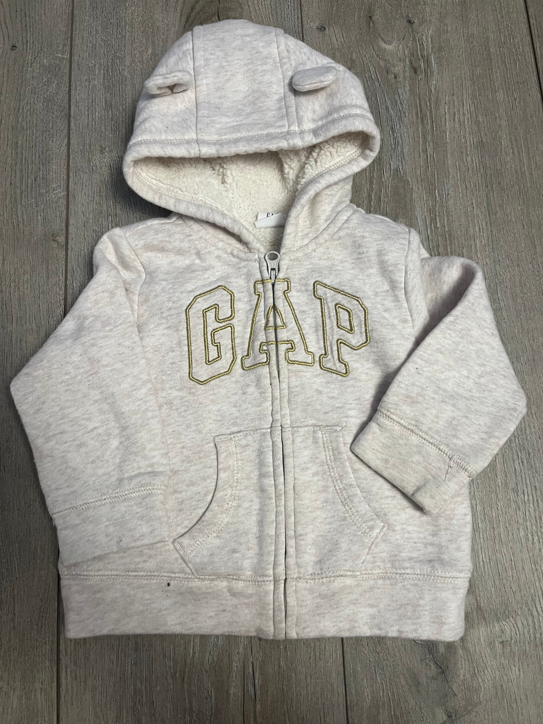 Baby Gap Sherpa-Lined Hoodie – 6–12M | Heathered Cream | Gold GAP Logo