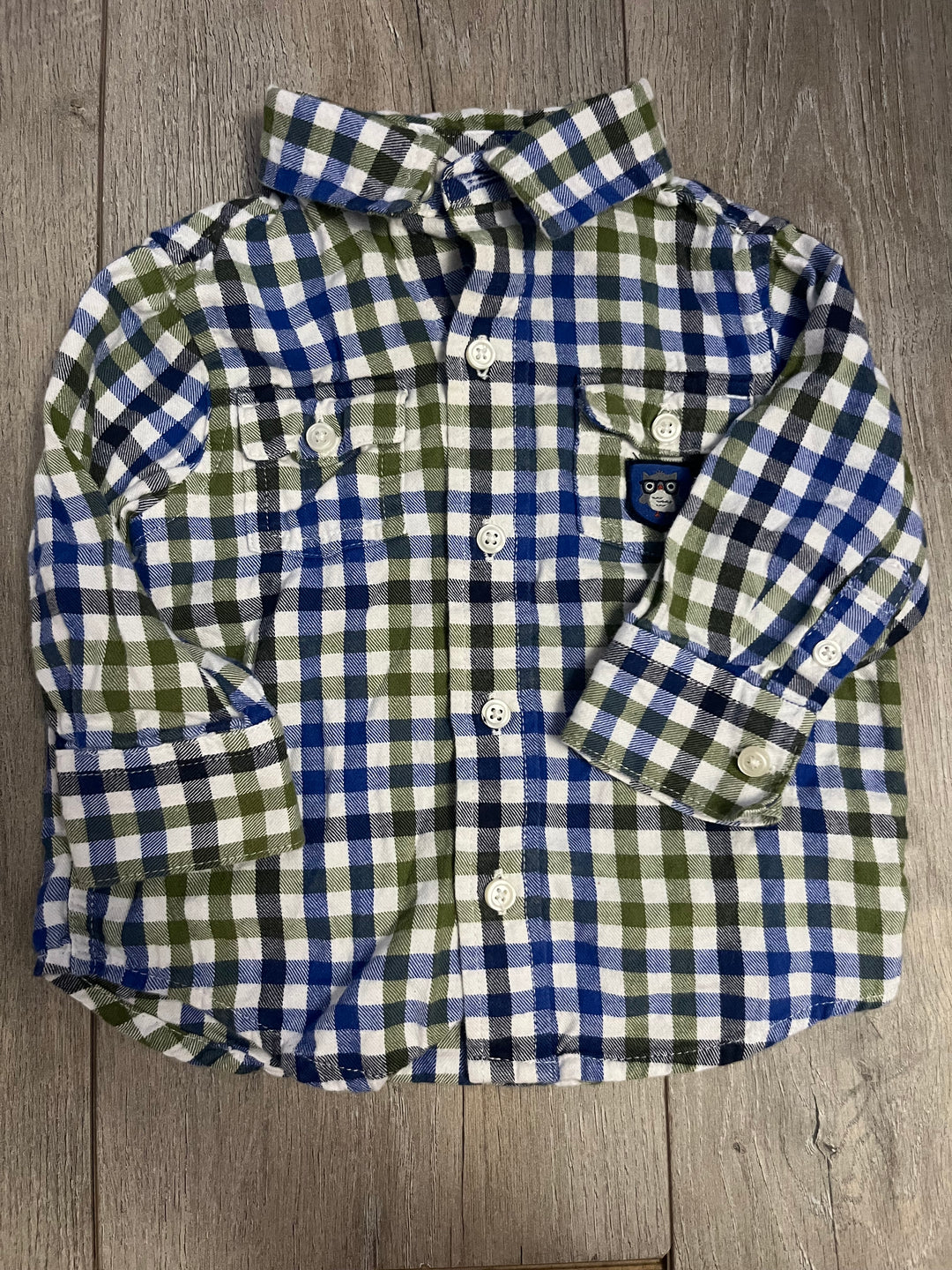 Gymboree Flannel Button-Up Shirt – O/S | Blue &amp; Green Plaid | Owl Pocket