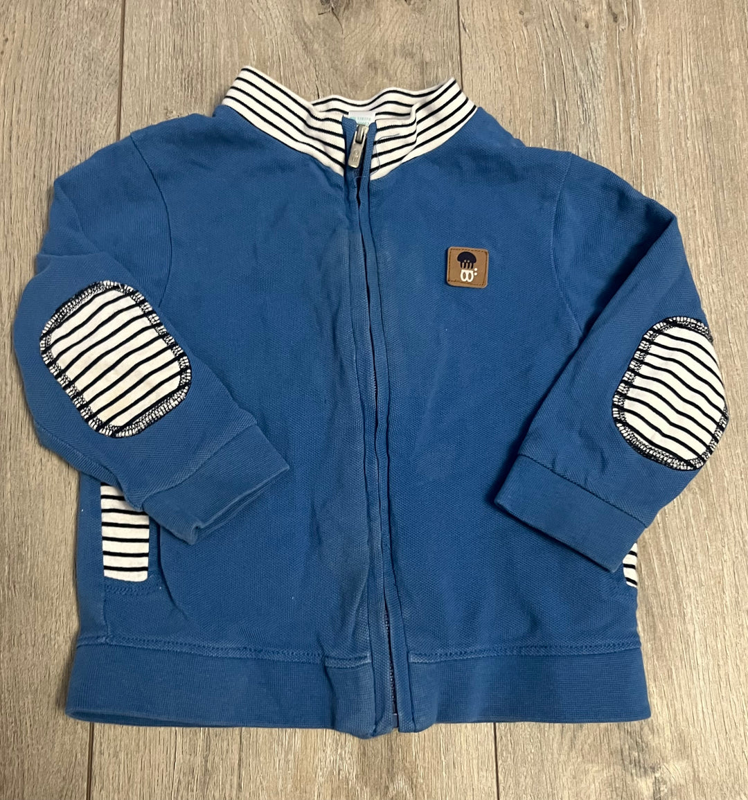 Obaibi Zip-Up Sweater – 18M | Blue | Striped Elbow Patches