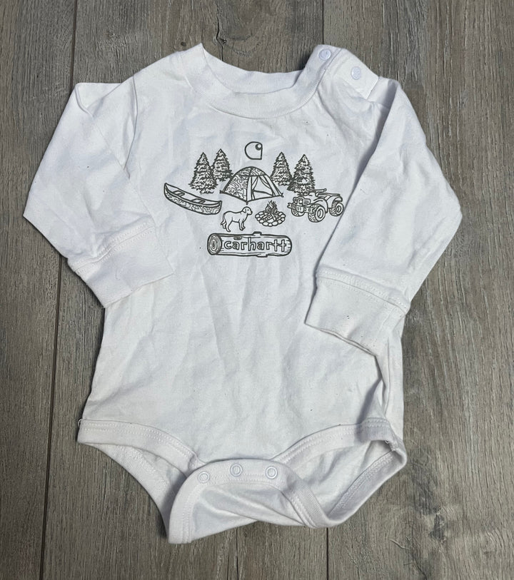 Carhartt Long Sleeve Bodysuit – 6M | White | Camping Graphic