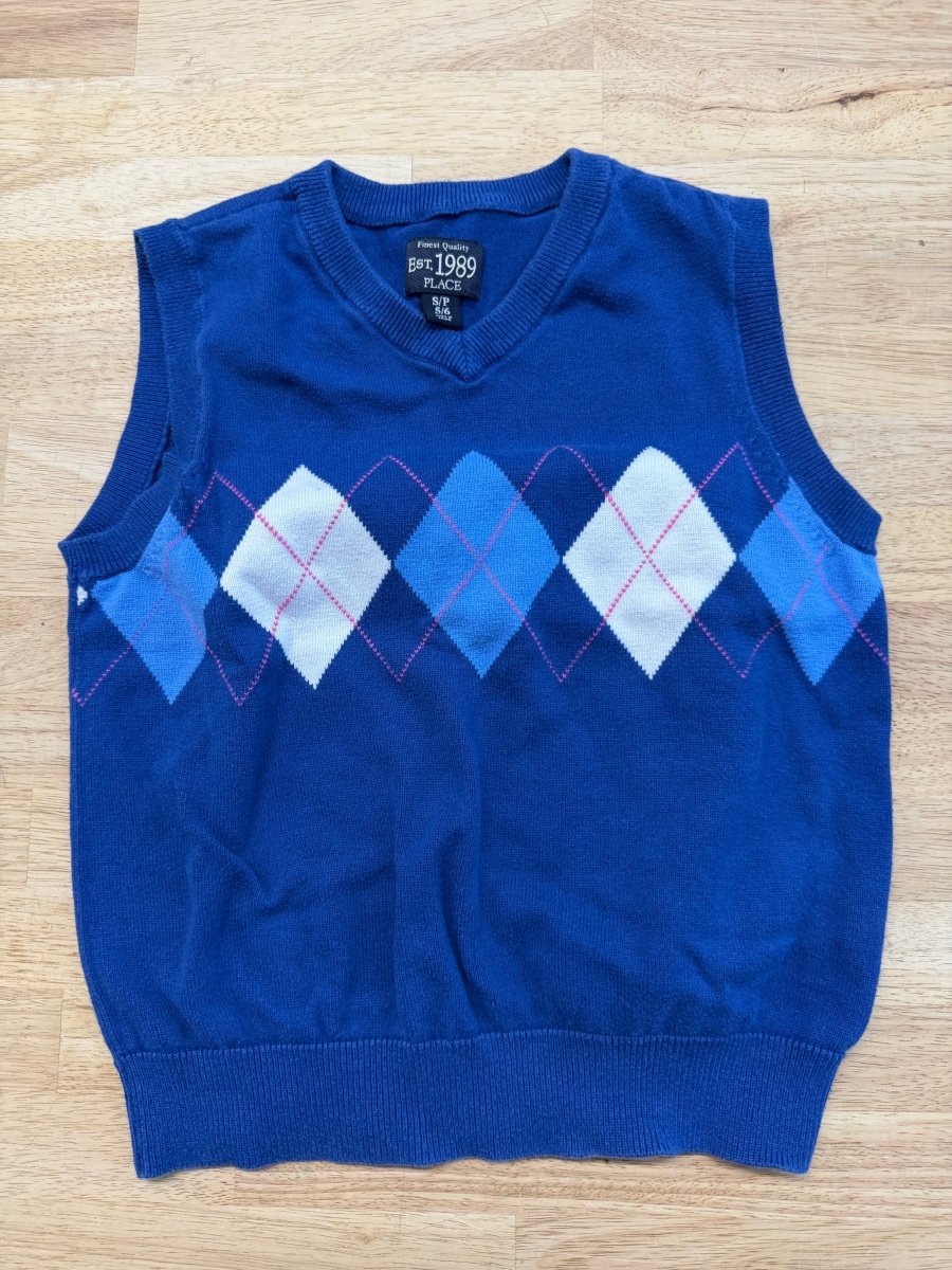 The Children’s Place Diamond Sweater Vest Blue White Pink | Size 6/7 - Nest and Sprout - Consignment