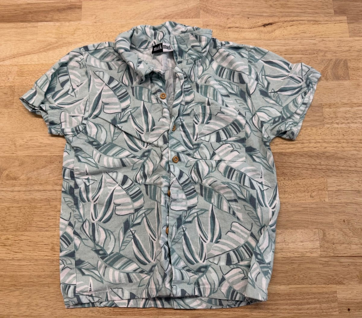 Mick Mack Linen Blend Palm Tree Shirt Light Green | Size 7 - Nest and Sprout - Consignment
